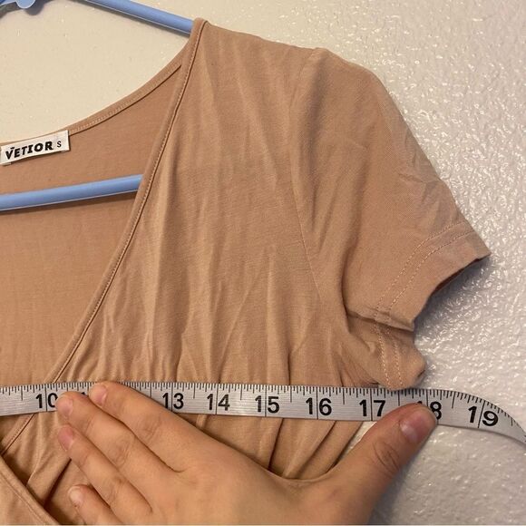VETIOR Solid tan beige 100% modal Short Sleeve wrap front Crop Top Shirt Small - Picture 7 of 9